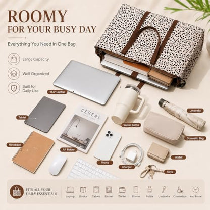 BTOOP Work Tote Bag for Women, Laptop Tote Bag With 15.6 Inch Padded Compartment, Teacher Nurse Bible Bags - color: A-leopard - Apricot-17.3''