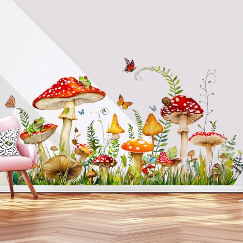 Mushroom Wall Decals Peel and Stick, Frog Butterflies Grass Vinyl Wall Stickers, Removable Home Decor Art for Bedroom Living Room Classroom Office - style: Mushroom#1