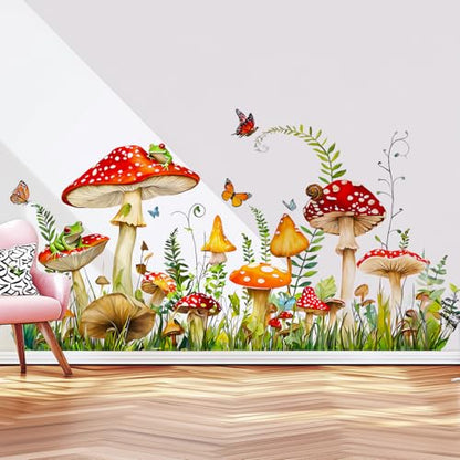 Mushroom Wall Decals Peel and Stick, Frog Butterflies Grass Vinyl Wall Stickers, Removable Home Decor Art for Bedroom Living Room Classroom Office - style: Mushroom#1