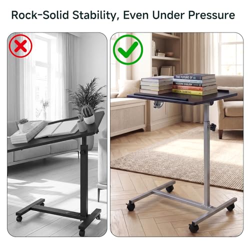 Overbed Bedside Table with Wheels, Rolling Desk Adjustable Height | Height 24-38" Rolling Bedside Table for Bed Sofa Hospital Home Office, Anti-Slip Edge, Lockable Casters, Dark Walnut