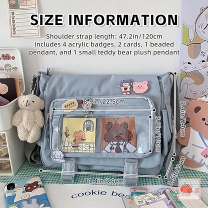 Kawaii Crossbody Ita Bag for Women with Pin & Plush Bear - Japanese Messenger Bags Y2K Shoulder Purse - color: A Blue