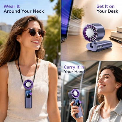 Portable Handheld Fan with Ice Cooling, Personal Rechargeable Fan 20000RPM,199-Speed Mini Neck Fan with 4000mAh Battery Powered up to 15hrs with LED Display for Travel, Camping & Outdoor, Purple - color: Gray-Purple