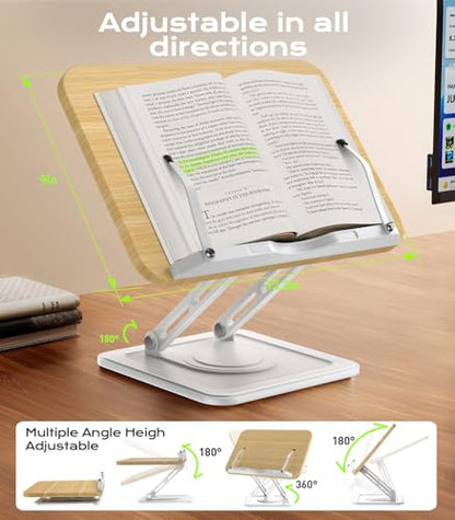 Book Stand for Reading, Adjustable Book Holder with 360°Rotating Bases, Ergonomic Cookbook Stand Recipe Book Holder with Elastic Page Clips for Magazines, Tablets, Laptops,White - color: White