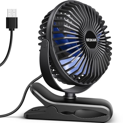 BESKAR USB Clip on Fan, Portable Small Fan with Cord Powered, 3 Speeds Strong Airflow, with Sturdy Clamp, Quiet Personal Desk Fan | 3 Speeds Strong Airflow, Sturdy Clamp, Ultra Quiet Personal Cooling Fan for Office Dorm Bedroom Stroller - color: Black