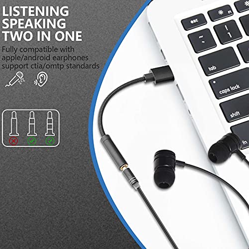 USB to 3.5mm Jack Audio Adapter, USB to Headphone Jack Adapter Cable with TRRS 4-Pole Mic-Supported, External Stereo Sound Card for Headphone, Mac, PS4, PC, Laptop, Desktops