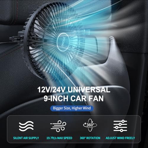 XOOL Clip Car Fan, 9 Inches 12V/24V Fan, 360° Rotatable Electric Cooling Clip on Fan with Stepless Speed Regulation for SUV, RV, Truck - size: Cigarette Single Fan 9''- Clip(Large）