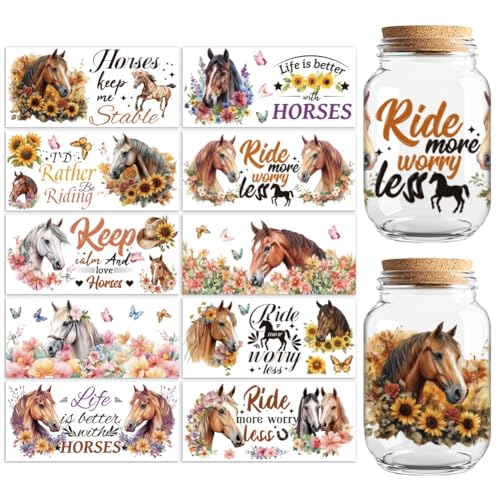 Peacoblue UV DTF Cup Wraps Transfer Stickers Horse and Flowers Pattern, 10 Sheets Waterproof Custom Vinyl Transfer Sticker 16oz Coffee Glass Cup Tumbler Bottle Mug Decals for Men Women - style: Horse and Flowers