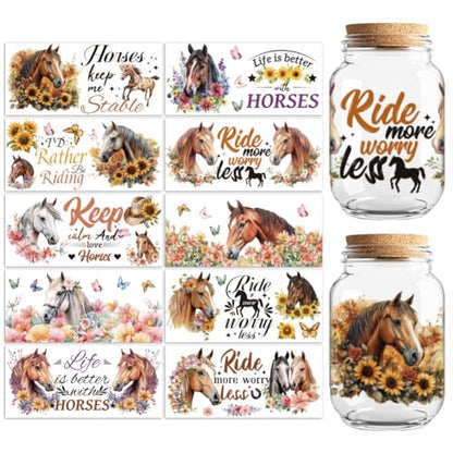 UV DTF Cup Wraps Transfer Stickers Horse and Flowers Pattern, 10 Sheets Waterproof Custom Vinyl Transfer Sticker 16oz Coffee Glass Cup Tumbler Bottle Mug Decals for Men Women | Waterproof UV DTF Stickers, Custom Vinyl Decals for 16oz Coffee Cups Tumblers