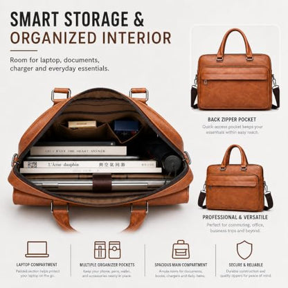 Men's Leather Laptop Bag 15 IN, Water-Resistant Briefcase Messenger Bag for Work, Business, Shoulder Crossbody Office Satchel - color: Khaki