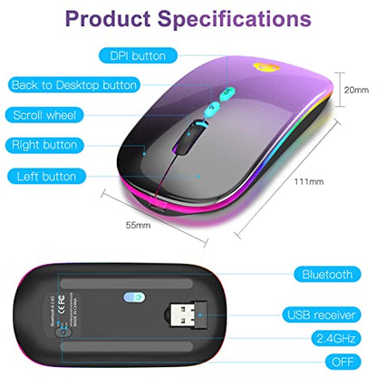 CC Store Wireless Mouse for Laptop,USB-C Rechargeable with Dual Connection | Bluetooth mouse with 2.4GHz USB receiver, silent slim design, adjustable DPI for laptop,MacBook,PC and tablet,Black-purple - color: Black-purple