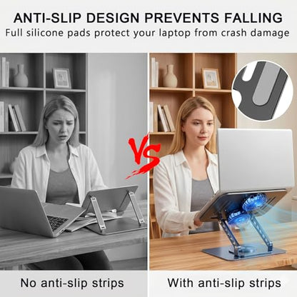 Laptop Stand with Cooling Fan, 360° Rotating Base Aluminum Laptop Riser, Foldable Ergonomic Computer Stand for Desk, Height Adjustable Notebook & All Laptops Up to 17.3" (Black) - color: Black