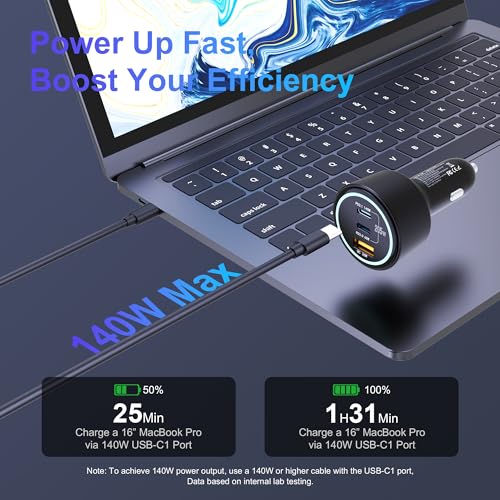 205W USB C Car Charger - 3-Ports, PD3.1 140W | PPS/QC3.0 Fast Charging, Type C Laptop Cigarette Lighter Adapter for MacBook Pro, iPhone 17/16 Pro Max