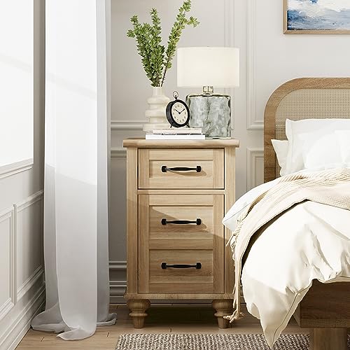 WAMPAT Farmhouse End Table with Charging Station, Light Wood Sofa Side Table with Storage Cabinet, Narrow Night Stand Bedside Table with Drawer for Living Room, Bedroom, Oak - color: Oak