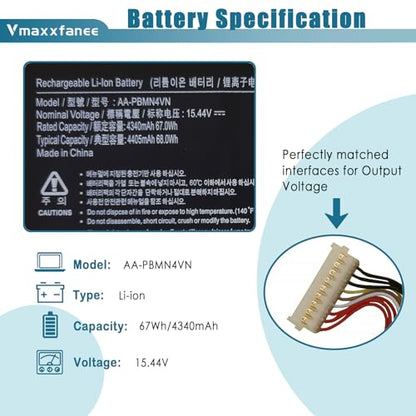 67Wh AA-PBMN4VN Laptop Battery Replacement for Samsung Galaxy Book Pro 360 15 15.6" NP950XDB NP950XDB-KB1US NP950XDB-KA1US NP950XDB-KC5US NP950XDB-KC3US NP950QDB NP950QDB-KB1US - size: 11.16*3.5*0.18 inch PBMN4VN