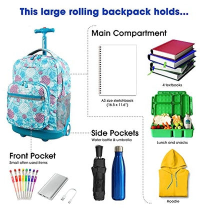 J World Sunrise Kids Rolling Backpack with Wheels for Girls Boys, Roller Bookbag for School, 18 x 13 x 9 Inches, Dandelion - color: Dandelion