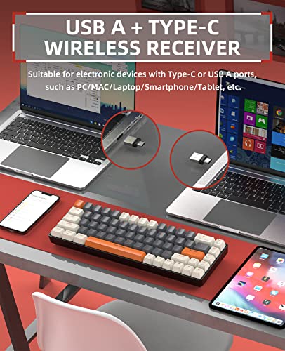 ZIYOU LANG RK68 60% Wireless Mechanical Keyboard,Bluetooth 5.0/2.4Ghz Dual Mode Receiver,Hot-Swappable mini 68-Key,Retro Color Keycaps,Clicky Blue Switch,Ultra Power Saving for PC PS4 Xbox iPhone ipad - color: Grey & Orange/Blue Switch