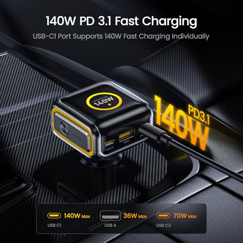 AOHI SUPERAUTO 170W Car Charger with Smart LED Display, 140W PD 3.1 USB C Fast Charging Car Adapter with 80Gb/s USB4 2.0 Cable 3.3FT with up to 120Gbps Bandwidth Boost Dual 8K/4K Display 240W PD 3.1 F