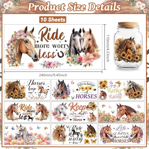 Peacoblue UV DTF Cup Wraps Transfer Stickers Horse and Flowers Pattern, 10 Sheets Waterproof Custom Vinyl Transfer Sticker 16oz Coffee Glass Cup Tumbler Bottle Mug Decals for Men Women - style: Horse and Flowers