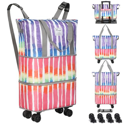 VOOWO Rolling Duffel Bag - Foldable Expandable Duffle With Wheels for Travel, Luggage Carry On, Large Backpack Weekend Bag for Men Women (Rainbow) - color: Rainbow