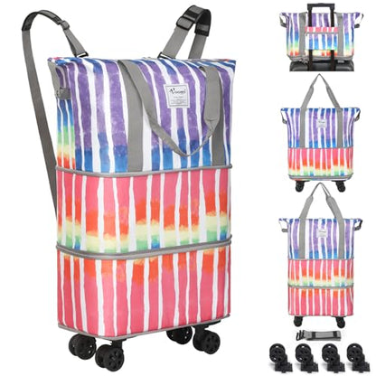 VOOWO Rolling Duffel Bag - Foldable Expandable Duffle With Wheels for Travel, Luggage Carry On, Large Backpack Weekend Bag for Men Women (Rainbow) - color: Rainbow