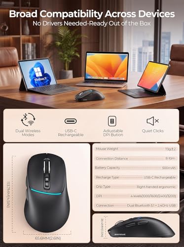 RAPIQUE Bluetooth Wireless Mouse, Dual Bluetooth + 2.4G, Black | 3-device switching, USB-C rechargeable, quiet clicks, 4 DPI Levels up to 3200, Ergonomic Right-Hand for PC, MacBook, Laptop - color: Black