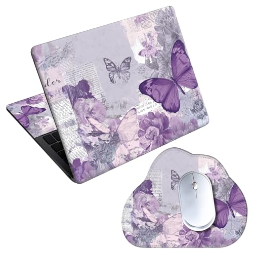 Laptop Skin Sticker Decal 15-15.6 Inch with Cute Mouse Pad, Universal Reusable Vinyl Sticker for 12.1 13 13.3 14 15.4 Inch Netbook and Notebook PC, Purple Butterfly Collage - color: Purple Butterfly Collage