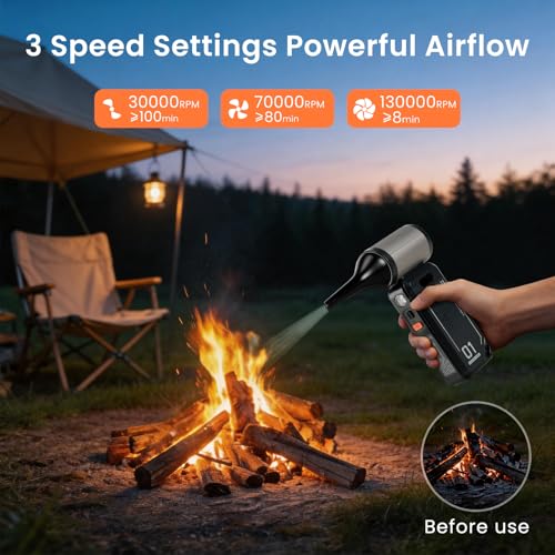 130,000 RPM Rechargeable Compressed Air Duster, Black | Stepless airflow, LED work light and 4 attachments for keyboards, computers, cars and narrow spaces - color: Black