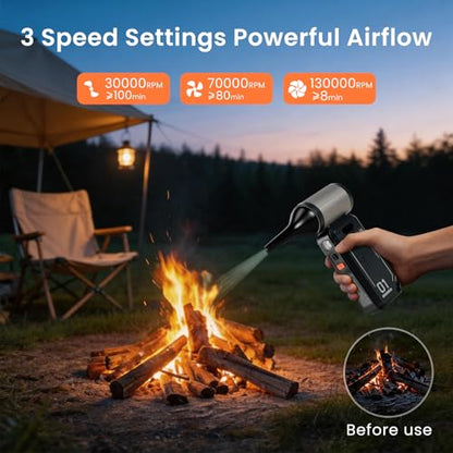 130,000 RPM Rechargeable Compressed Air Duster, Black | Stepless airflow, LED work light and 4 attachments for keyboards, computers, cars and narrow spaces - color: Black