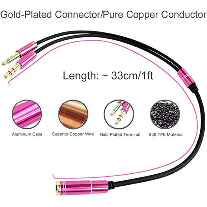 3.5mm Headphone Splitter Adapter Female to 2X 3.5 mm Male Converter Cable Headphone Mic Audio Y Splitter Cable Smartphone Headset to PC Adapter –for Microphone with 4 Pin (Pink) - color: Pink