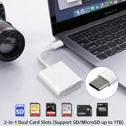 USB C SD Card Reader, 2-Slot Type C Memory Card Reader for SD/MicroSD Cards, Trail Camera Viewer Compatible with iPhone 15 16, iPad, MacBook, Android OTG Devices, Plug & Play