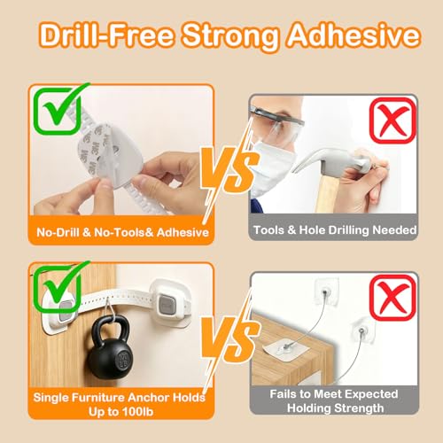 No Drill Furniture Anchor for Baby Proofing, Adjustable Straps, 4 Packs | Dual-Detach Design Large 3M Adhesive Pads Damage-Free Installation 7" Adjustable Strap Fits Dressers, Bookcases & Cabinets - size: 4 Pack