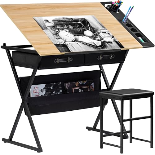 VECELO Drafting Table Art Desk Art Table Adjustable Drawing Table Tilted Tabletop with 2 Storage Drawers and Stool, Drawing Desk for Artist Painters Drawing, Crafting, Reading, Writing, Natural - color: Natural