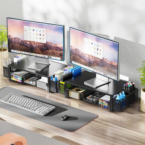 Simple Trending 2-Tier Desk Organizer, Computer Monitor Stand Riser, Black | Metal Laptop & Printer Stand, Desktop Organizer with Drawer & 2 Pen Holders, Anti Slip Pads, 18.5"W x 9.5"D x 4.75"H - size: 18.5"W x 9.5"D x 4.75"H