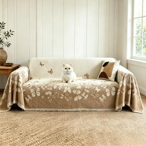 71x118 Chenille Couch Cover Reversible Sofa Slipcover with Tassels | Pet Friendly Furniture Protector for Dog Cat, Butterfly Pattern Washable Throw Blanket for Large 3 Seat Sofa Sectional Couch - color: Coffee Butterfly, size: 71"x 118"