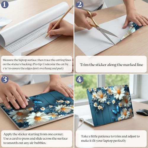 Universal Laptop Skin Sticker Decal,15.6 Inch Laptop Vinyl Cover for 13" 14" 15.6" Laptop,Scratch-Resistant Waterproof Protector Wrap,Reusable with Wrist Pads,Daisies and Blue Butterflies - color: Daisies and Blue Butterflies