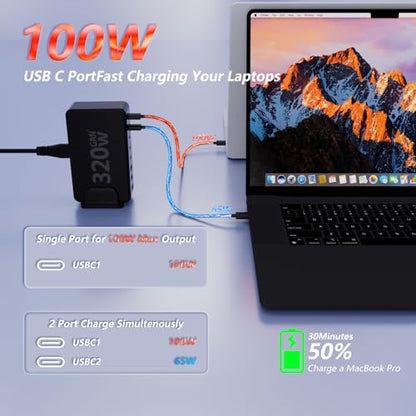 320W USB C Charging Station, 8-Port GaN III Desktop Charger Block, 100W PD Fast Laptop Power Adapter Hub with 5FT Cable for Multiple Devices, Compatible with MacBook Pro/Air, iPhone 17/16, iPad, Dell
