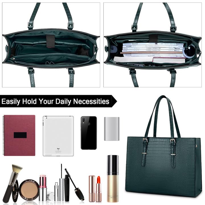 Laptop Bag for Women 15.6 Inch Crocodile Leather Tote Bag Water-resistant Work Briefcase Business Computer Shoulder Bag for Travel Teacher Nurse Professional Handbag - color: Dark Green