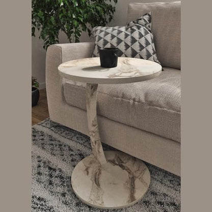 C Shaped End Table for Couch Small Places, Faux Marble Engineered Wood Space Saver Round Side Table for Sofa and Bedside with Wheels, Coffee and Snack Time Tray for Living Room (White Marble) - color: White Marble