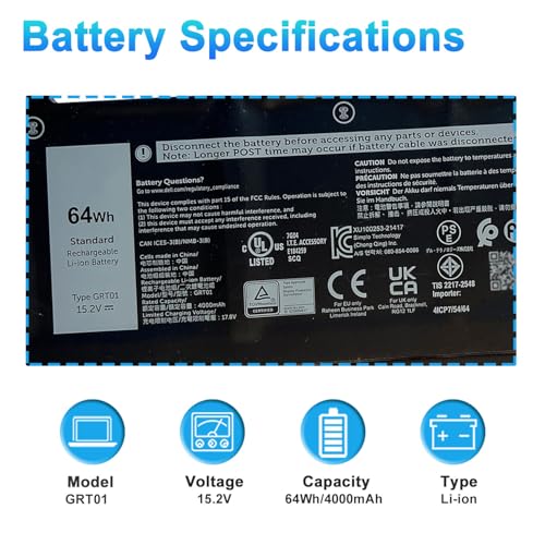 64Wh GRT01 Laptop Battery Replacement for Dell Latitude 14 5421 5431 15 5521 5531 Precision 3470 3561 3571 3591 Alienware m17 R5 AMD Gaming Series R05P0 05RGW 0P3TJ 00P3TJ VXD57 15.2V 4000mAh 4-cell - size: 10.78*4.40*0.41inch GRT01