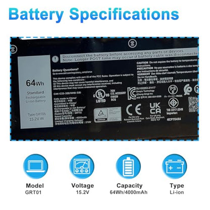 64Wh GRT01 Laptop Battery Replacement for Dell Latitude 14 5421 5431 15 5521 5531 Precision 3470 3561 3571 3591 Alienware m17 R5 AMD Gaming Series R05P0 05RGW 0P3TJ 00P3TJ VXD57 15.2V 4000mAh 4-cell - size: 10.78*4.40*0.41inch GRT01