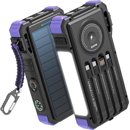 BLAVOR Solar Power Bank 20000mAh Built-in Cables, Wireless Charger for Phones & Apple Watch, 20W Fast Charging Battery Pack with USB C, Flashlight, Solar Charger for iPhone, iPad, iWatch, Samsung - color: Purple