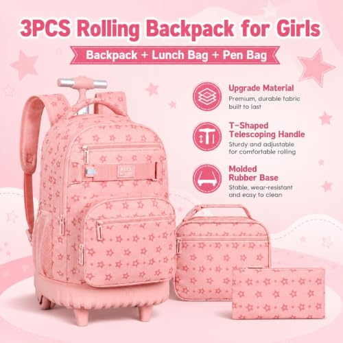 3Pcs Rolling Backpack for Girls Women, School Kids Roller Bookbag with Wheels, Wheeled Backpacks Set for Elementary (Pink) - color: Star Pink