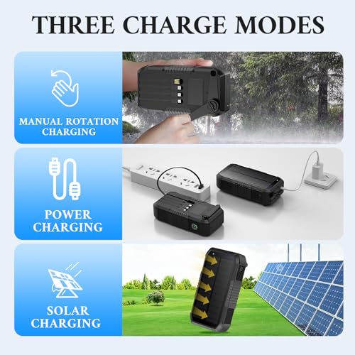 Solar Power Bank 66800mAh Built in Hand Crank and 4 Cables 22.5W Fast Charge, Camping Essentials with SOS/Strobe/Strong Flashlights, Compass Portable Charger (Black) - color: Black