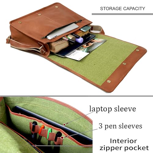 18 inch Leather Full Flap Messenger Handmade Bag Laptop Bag Satchel Bag Padded Messenger Bag School Brown (Brown)
