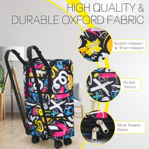 VOOWO Duffel Bag with Wheels - Rolling Foldable Expandable Duffle Bag with Wheels for Travel, Rolling Luggage Carry On Bag with Wheels, Large Rolling Backpack Weekend Bags for Men Women (Black) - color: Graffiti