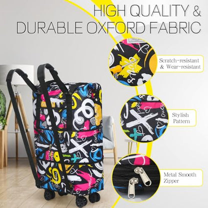 VOOWO Duffel Bag with Wheels - Rolling Foldable Expandable Duffle Bag with Wheels for Travel, Rolling Luggage Carry On Bag with Wheels, Large Rolling Backpack Weekend Bags for Men Women (Black) - color: Graffiti