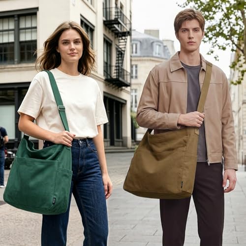 KALIDI Canvas Tote Bag Large Hobo Crossbody Shoulder Handbag Zipper Messenger Bag for Women or Men Casual College Work - color: Black
