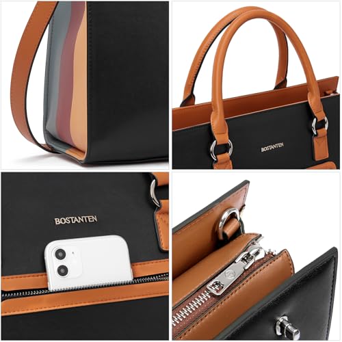 BOSTANTEN Leather Laptop Briefcase for Women Shoulder Bag 15.6 Inch Business Computer Work Tote - color: A-black