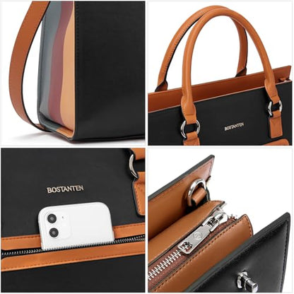 BOSTANTEN Leather Laptop Briefcase for Women Shoulder Bag 15.6 Inch Business Computer Work Tote - color: A-black