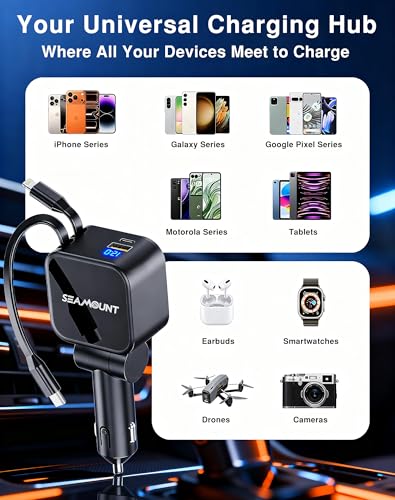 Seamount 4-in-1 Retractable Car Charger 109.5W | PD QC 3.0 Fast USB C Adapter with Voltage Display, Compatible with iPhone 17 16 15 14, MacBook, Android